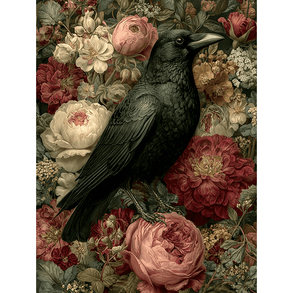 Gothic Raven & Pink Rose Garden Canvas Print, Mysterious Romantic Nature Home Wall Decor