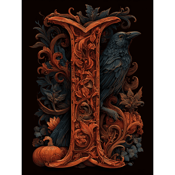 Gothic Raven Pumpkin Scrollwork Letter I Canvas Print, Suitable for Living Room, Bedroom, Hallway, Office, Study