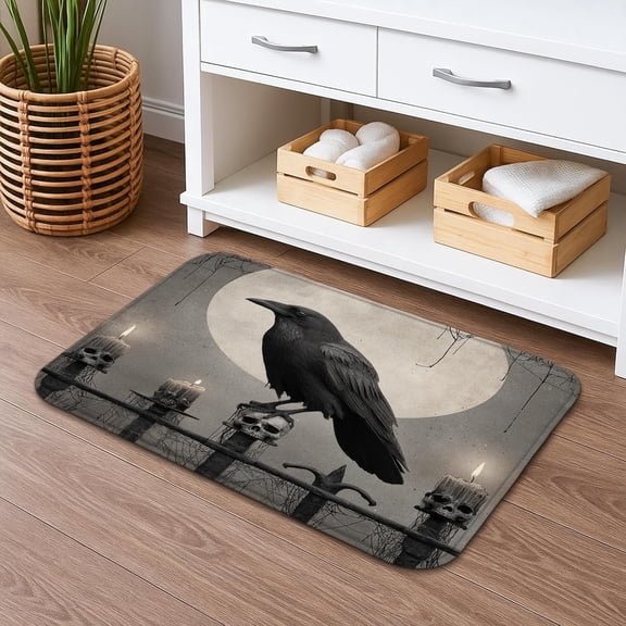 Gothic Raven Quick Dry Bath Mat Dark Skull Candle Design Absorbent Non Slip Flannel Washable Bath Rug for Bathroom Toilet Restroom Decorative 16x24 Inch