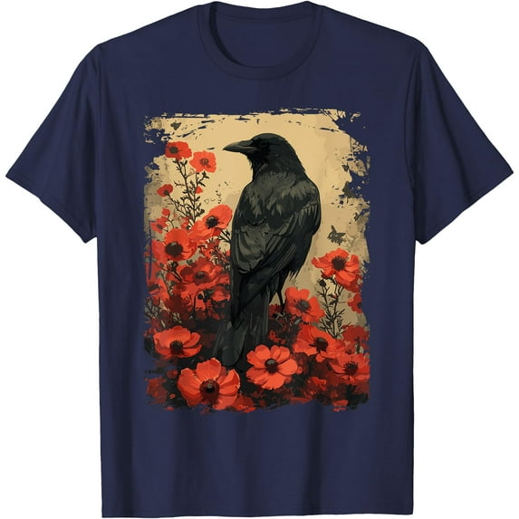 Gothic Raven Rose Enchanted Vintage Floral Crow Softstyle Unisex T-Shirt,Navy Color,Size 3XL