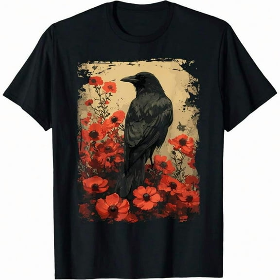Gothic Raven Rose , Vintage Floral Crow T-Shirt