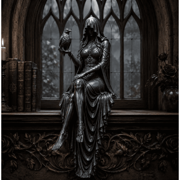 Gothic Raven Shelf Sitter Statue, Hooded Lady Reaper Figurine, Dark Academia Bookshelf Edge Sitter, Macabre Desk Decor, Witchy Room Decor Gift for Literature Lovers Bookworms