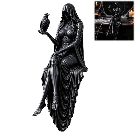 Gothic Raven Shelf Sitter Statue Mysterious Hooded Dark Lady Holding Raven Dark Aesthetic Halloween Decor for Bookshelf Tabletop