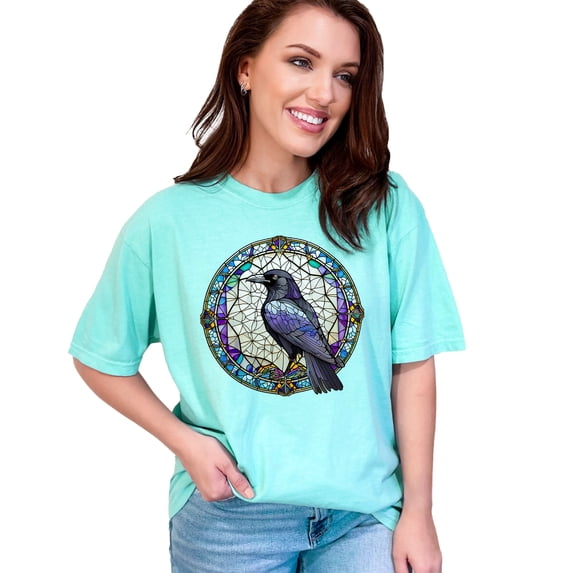 Gothic Raven Shirt, Stained Glass Crow Design, Fantasy Bird Tee, Medieval Art Top, Mystical Animal T-Shirt, Men Women Unisex S-XXL, Chalky Mint Comfort Colors T-Shirt, XL