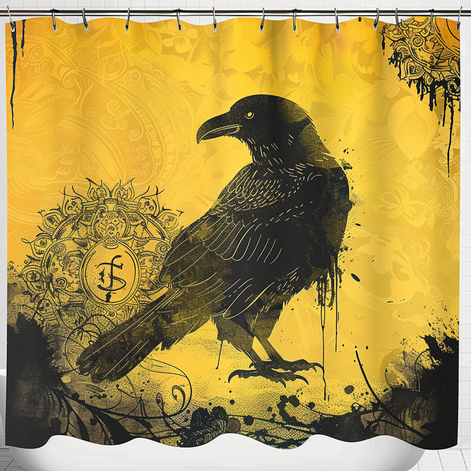 Gothic Raven Shower Curtain with Grunge Vintage Artwork for Fantasy