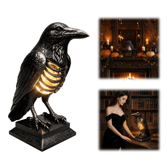 Gothic Raven Skeleton Lamp, Creepy Ribcage Glowing Gothic Crow Figurine Lamp, All Season Dark Themed Indoor Table Ornament (Rechargeable)