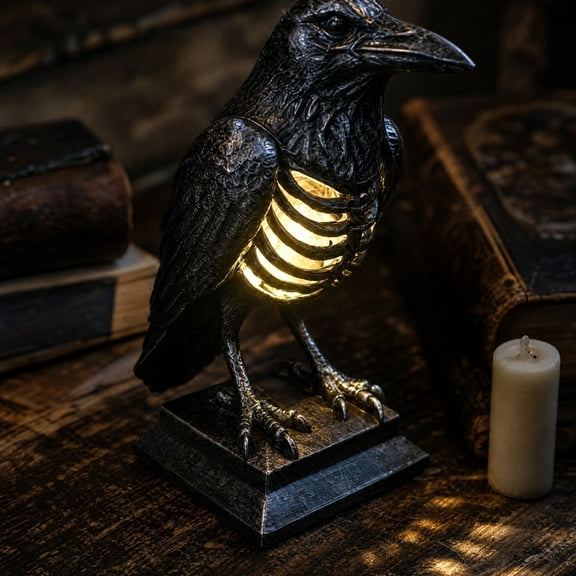 Gothic Raven Skeleton Lamp, Dark Academia Style Glowing Crow Statue Lamp, Battery Operated LED Night Light for Bedroom Bookcase Desk Layout (Rechargeable)