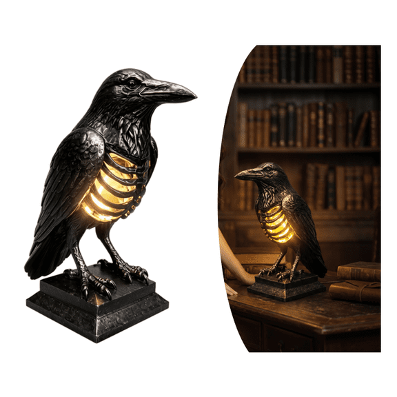 Gothic Raven Skeleton Lamp, Detailed Feather Textured Resin Raven Statue with Warm Inner Glow, Halloween Indoor Shelf Decor Accessory (Rechargeable)
