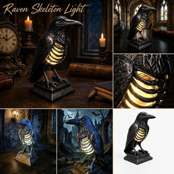 Gothic Raven Skeleton Lamp, Portable USB & Battery Powered Gothic Crow Table Light, Spooky Dark Academia Decor Gift for Halloween Lovers (Battery)