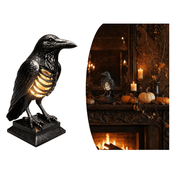 Gothic Raven Skeleton Lamp, Realistic Lifelike Raven Sculpture LED Night Light, Battery Operated Spooky Halloween Mantel Decor Statue (Battery)
