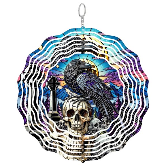 Gothic Raven Skull 3D Wind Spinner, Halloween Kinetic Decor