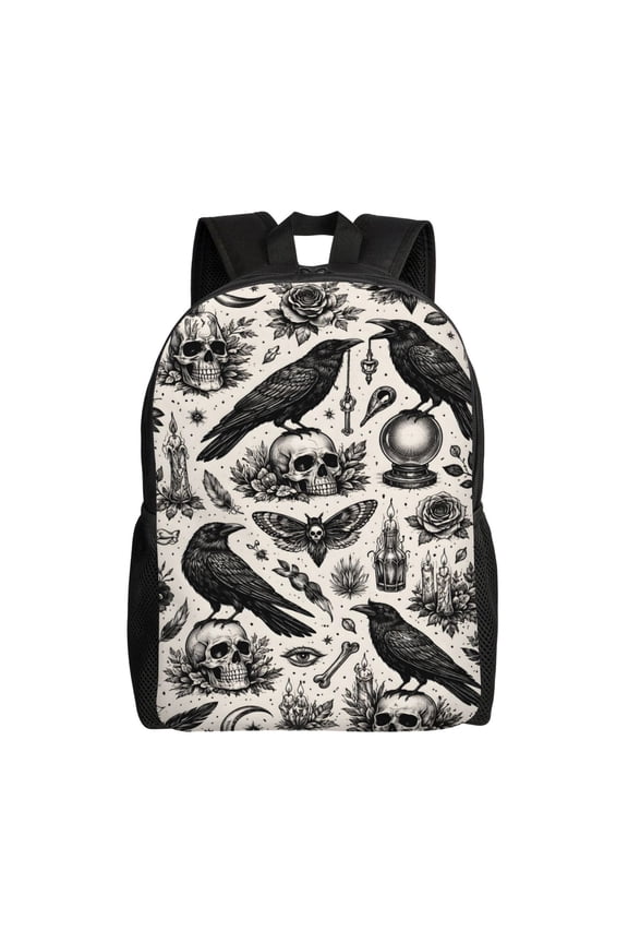 Gothic Raven Skull Backpack Full Front Print Travel Laptop Bag for Men and Women