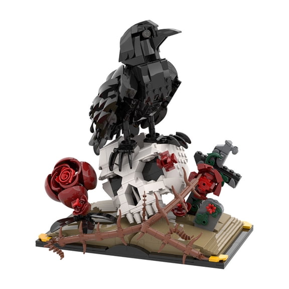 Gothic Raven Skull Building Blocks Set 733PCS Black Crow on Skull with Roses Dark Art Display Model DIY Assembly Collectible Home Decor