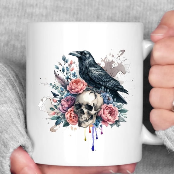 Gothic Raven Skull Mug Dark Floral Ceramic Coffee Cup.jpg
