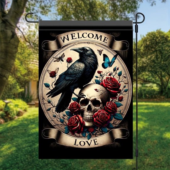 Gothic Raven Skull Roses Welcome Garden Flag Double Sided Outdoor Yard Banner 12x18 Inch for Halloween Porch Patio Decoration