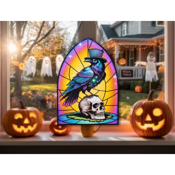 Gothic Raven Suncatcher – Halloween Window Decor with Skull & Top Hat, Spooky Wavy Acrylic Style Hanging for Autumn Vibes