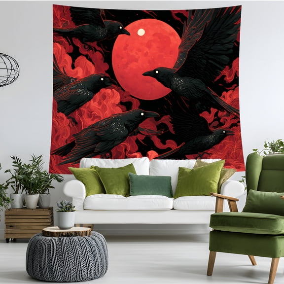 Gothic Raven Tapestry Wall Hanging, Black Crow Red Moon Wall Decor, Dark Aesthetic Tapestry for Bedroom Dorm Living Room