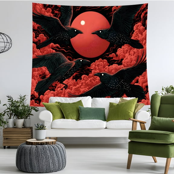 Gothic Raven Tapestry Wall Hanging, Black Crow Red Moon Wall Decor, Dark Aesthetic Tapestry for Bedroom Dorm Living Room