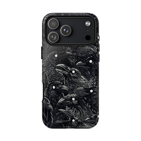Gothic Raven Tough Phone Case for iPhone 7-17 Pro Max, Glossy Shockproof Dual Layer Protective Cover, Dark Crow Art Gift for Fans