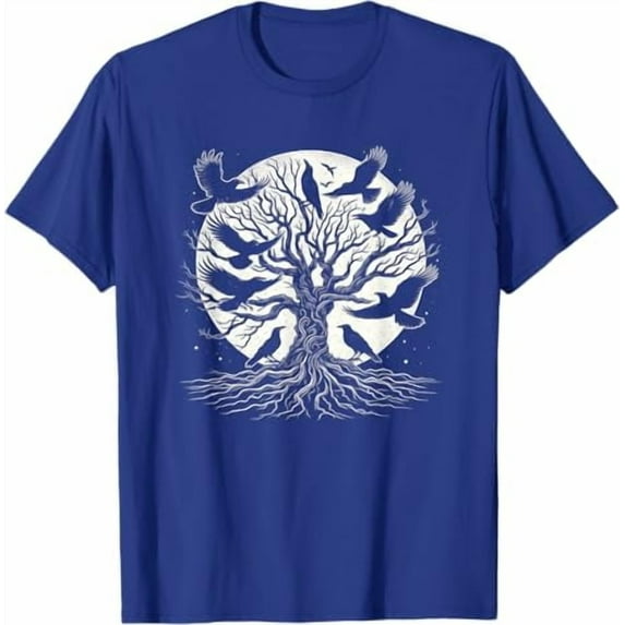 Gothic Raven Tree With Moon Art Crow Design T-Shirt,Royal Blue Color,Size 2XL