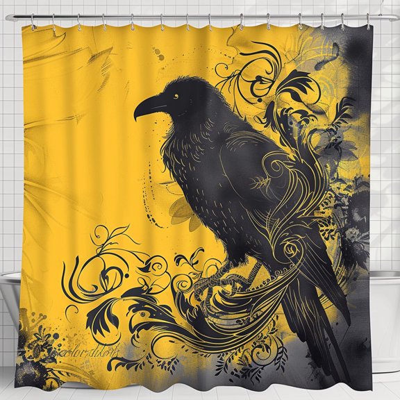 Gothic Raven Vector Art on White Background with Ombre Yellow to Black Design Decorative Swirls and Floral Elements High-Resolution