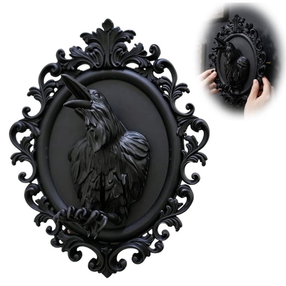 Gothic Raven Wall Art, 3D Crow Resin Sculpture for Spooky Halloween Decor, Retro Oval Framed Dark Aesthetic Living Room Hanging