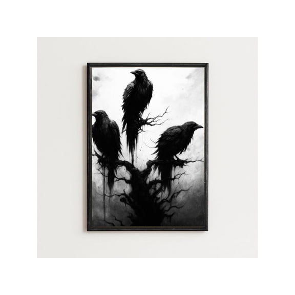 Gothic Raven Wall Art Poster: Three Crows On Withered Tree, Unframed Canvas Size 8x12