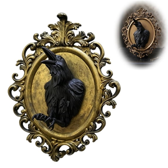Gothic Raven Wall Decor, 3D Crow Art Black Resin Sculpture, Retro Oval Framed Animal Decor for Spooky Halloween, Dark Aesthetic Living Room Bedside