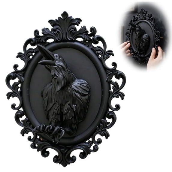 Gothic Raven Wall Decor, 3D Crow Art Black Resin Sculpture, Retro Oval Framed Animal Decor for Spooky Halloween, Dark Aesthetic Living Room Bedside