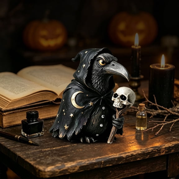 Gothic Raven Wizard Statue, 5.9-Inch Resin Figurine with Skull Staff and Celestial Cloak for Halloween Tabletop Decor