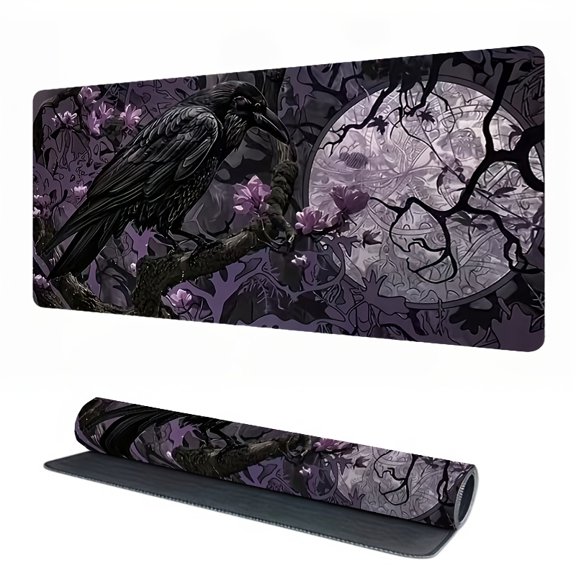 Gothic Raven and Moonlit Night Mouse Pad, Purple Floral Black Branch Design, Mystical Desk Accessory for Office Gaming, Gift