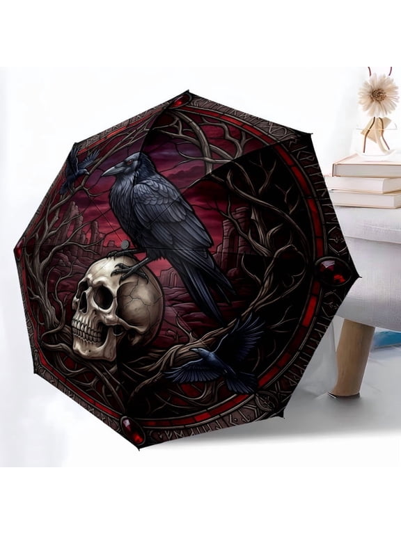 Gothic Raven and Skull Print Automatic Folding Umbrella, Portable 8-Rib Windproof Rain Umbrella for Outdoor, Travel, and Daily Use
