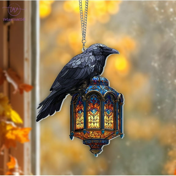Gothic Raven on Lantern Suncatcher, Halloween Crow on Lamp Acrylic Window Hanging, Halloween Decor, Black Raven Sun Catcher 4343078538 5535