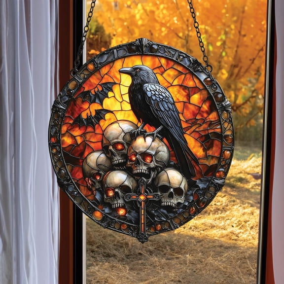 Gothic Raven on Skull Acrylic Suncatcher On Skull Pile - Macabre Faux Stained Glass Window Hanging With Bats - Gothic Crow Halloween Gift