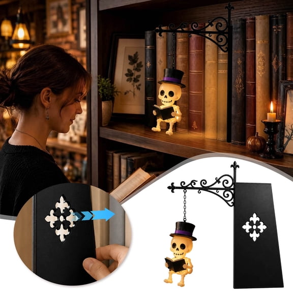 Gothic Reading Skeleton Bookend with LED Glow Light 24cm, Black Wrought Iron Hanging Skull Book Holder, Spooky Halloween Book Shelf Decor for Library Study Bedroom Desk Ornament Gift