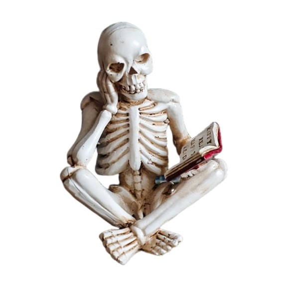 Gothic Reading Skeleton Resin Figurine – Halloween Decor for Bookshelf, Fireplace, and Themed Displays