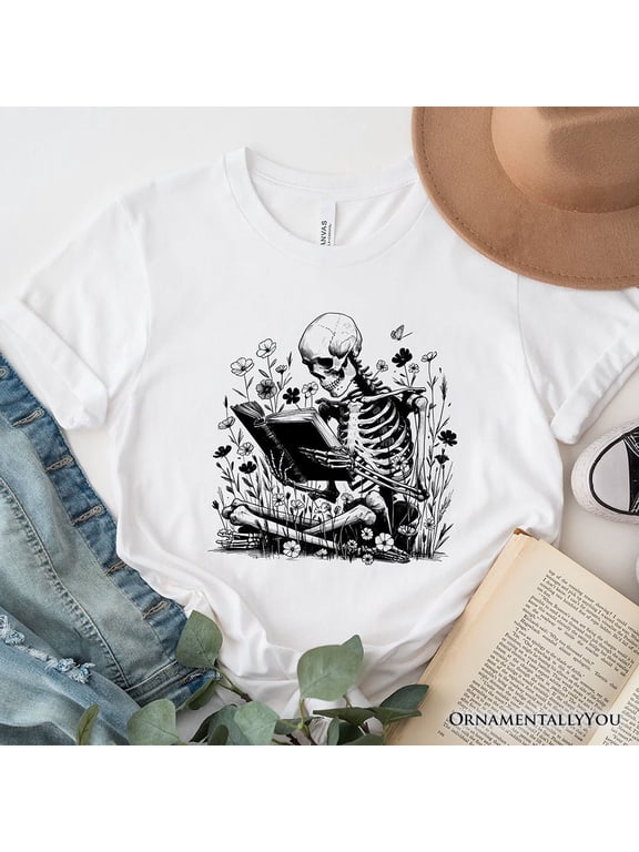 Gothic Reading Skeleton T-Shirt, Floral Halloween Tee for Spooky Bookworms