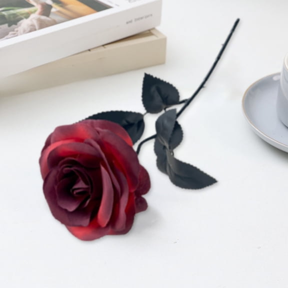 Gothic Red Artificial Rose,(3.93+16.1 in)Long Stem Silk Fake Flower, Realistic Dark Bloom with Injection-Molded Stem for Halloween, Home Gothic Decor & Gift Giving.1PC