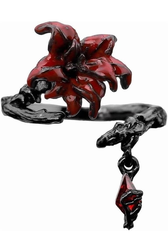 Gothic Red CZ Flower Open Band Ring for Women Adjustable Black Flowers Branch Charms Drop Geometric Tassel Halloween Statement Wrap Finger Rings Comfort Fit Punk Wedding Engagement Jewelry