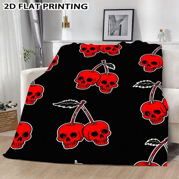Gothic Red Cherry & Skull Throw Blanket - Heavyweight 280gsm Flannel Bedspread Suitable for Sofa, Bed, Camping | Soft Warm Bedding for, Gothic Decor with Skull & Cherry, - Cozy Accent Blanket