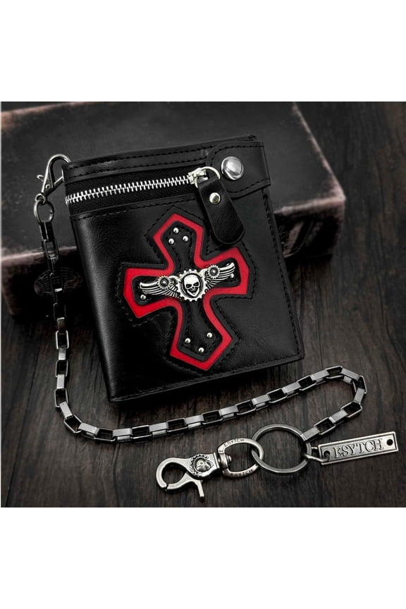 Gothic Red Cross Wallet Wing Skull Steampunk Purse with Chain Men