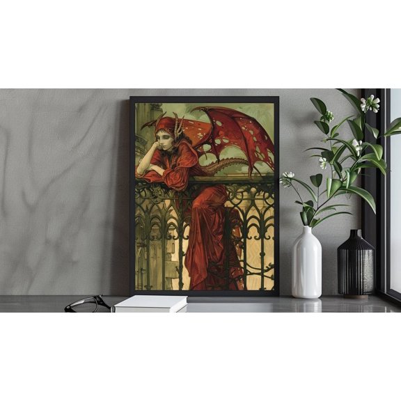 Gothic Red Dragon Art Print, Enigmatic Winged Woman In Red Robe, Dark Fantasy Wall Art, Mysterious Gothic Decor Wall Art, Modern Wall Decor, 16x24 UNFRAMED