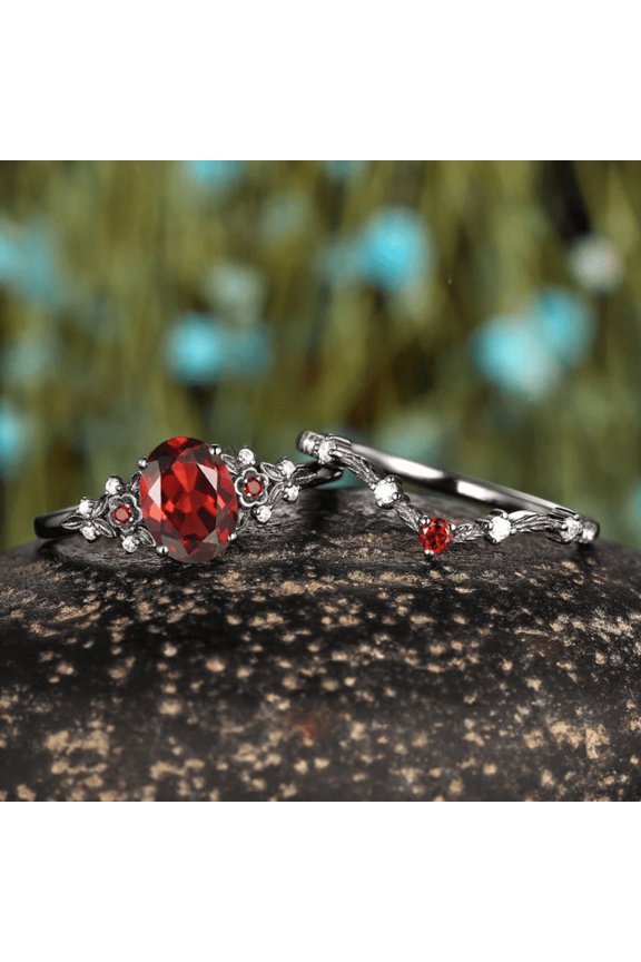 Gothic Red Garnet Engagement Ring Set - 14K Rhodium Black Gold Finish - Oval Cut Garnet Bridal Set - Nature Inspired Floral Witchy Promise Wedding Ring for Her