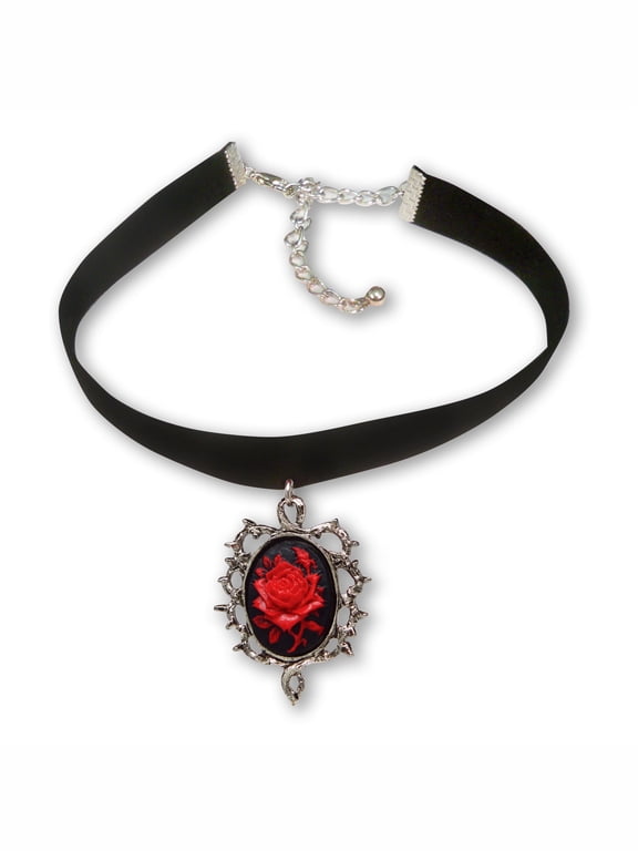 Gothic Red Rose Cameo Black Velvet Choker Adjustable Size Cosplay Jewelry by Real Metal CH-604