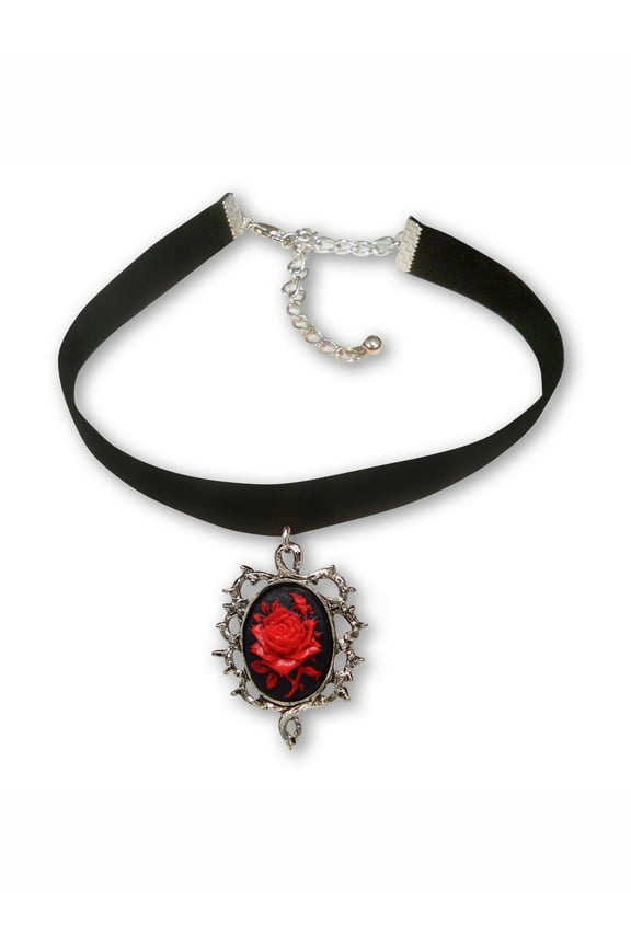 Gothic Red Rose Cameo Black Velvet Choker Adjustable Size Cosplay Jewelry by Real Metal CH-604