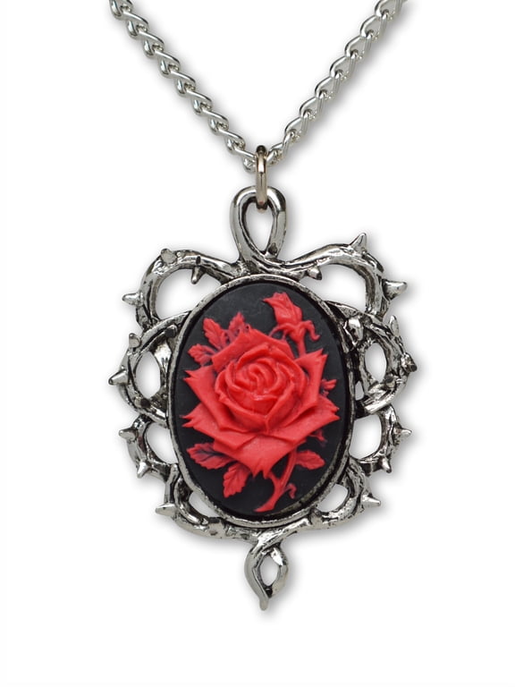 Gothic Red Rose Cameo Thorn Frame Cosplay Jewelry Pendant Necklace by Real Metal NK-604