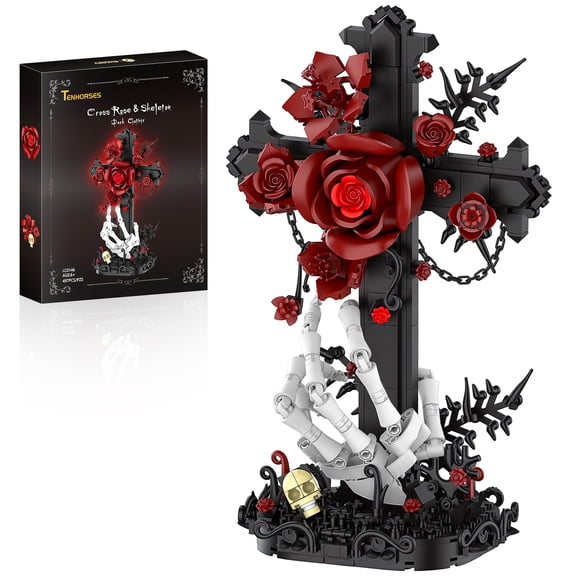 Gothic Rose Cross Building Block Sets with Skeleton Hand, Dark Art Collectible Decor, Gift for Adults & Teens, 497 Pcs