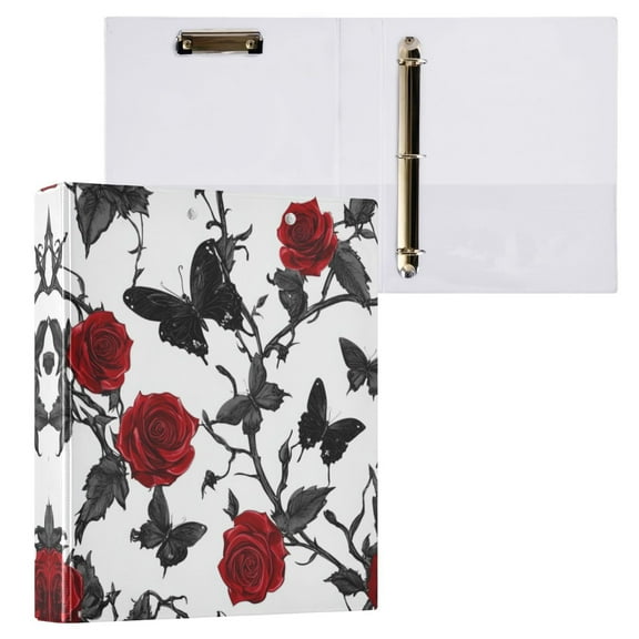Gothic Red Roses 3 Ring Hardcover Binders 1.5in Round Rings for Letter-Size Folder Paper Organizer Pockets for Office Student Recipe