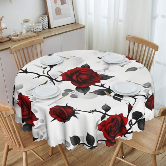 Gothic Red Roses With Black Thorns Round Tablecloth Waterproof Oil Proof Spill Proof Table Cloth 70" for Camping, Dining, Indoor and Outdoor Table Cover