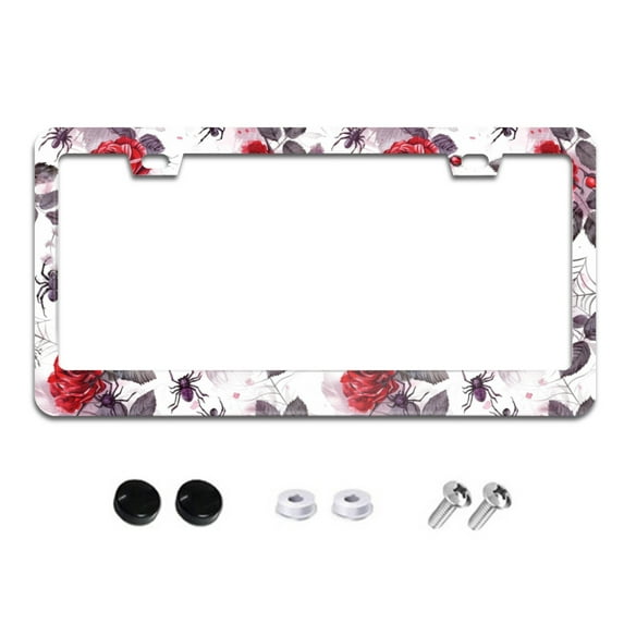 Gothic Red Roses and Spider Web License Plate Frames for Women Men Car Plate Holder Cover Metal Tag Aluminum Car Accessories Front Rear Plate Decor